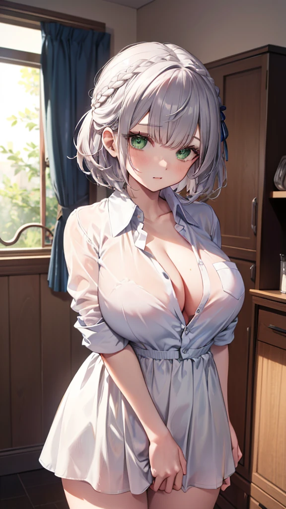 (best quality:1.2), (ultra detailed:1.2),(masterpiece:1.2),(8k:1.2),(Blessed,Captivating body、Ultra detailed hands、Ultra-detailed eyes、Ultra-detailed skin、ultra-detailed face,Detailed Background),One Girl、((white dress shirt, naked shirt,cleavage ,open shirts,large shirts,no panties,bottomless,)),(ecstasy, aroused:1.5), ccnoel, short hair, french braid, hair ribbon, green eyes