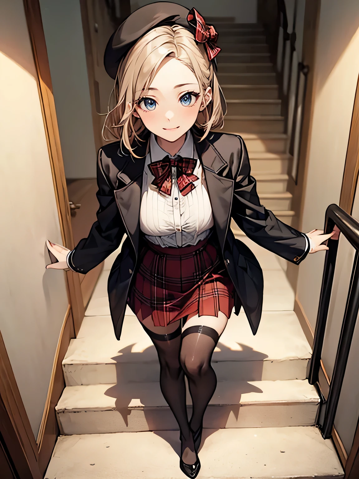 (Biologically correct limb count),Full body, including face,4K,Focus on the masterpiece face,Well-proportioned facial features,Delicate descriptive eyes,One beautiful woman,(Black jacket,red plaid skirt,stockings),(smile),Looking down,Photos with white borders,Look away from the camera,walking,Walking down the stairs,Two Girls,崖から街をLooking down,Wearing a beret