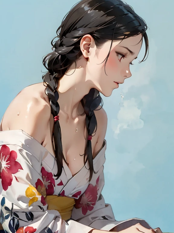 {(beautiful photo graphic style),(watercolor image:1.2),sketch},{(simple configuration:1.1),profile},{(simple light_blue background:1.4),floral,shadow on background},BREAK,{yukata,(open clothes:1.2)},(Show shoulders:1.4),BREAK,{(sweat on the neck:1.2),erotic face,anguish,(painful:1.1),(very very ecstasy:1.2),(writhing:1.4),embarrassing},{1 woman, black hair,braid hair intricately,black glowing eyes}