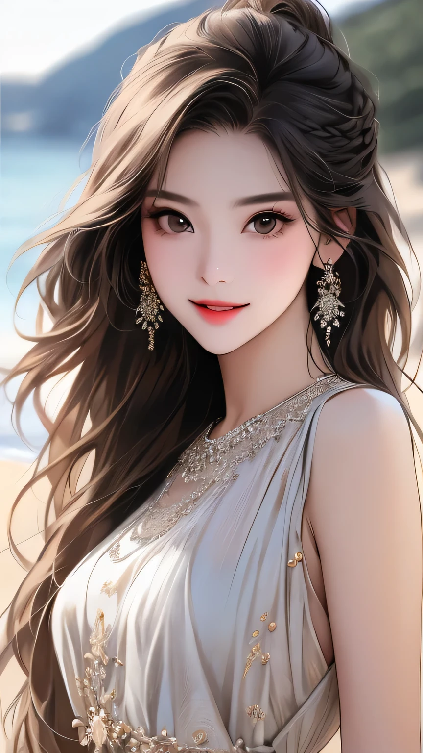 best quality、realistic、Photoreal、very detailed、very delicate and beautiful、RAW photo、professional lighting、facial light、Depth of the bounds written、focus only、Full body Esbian,1 woman (beach at night):1.4)、brown haired、brown eyes、small head、beautiful eyes、dark eyeliner、very big breasts、real face、real skin、lifelike face、real looking skin、detailed eye、detailed facial features、Detailed clothing characteristics、(fashion clothing:1.3) ), (fashion hairstyles: 1.3)、 looking at the viewer, simple background, Magnificent face and big, beautiful teeth、