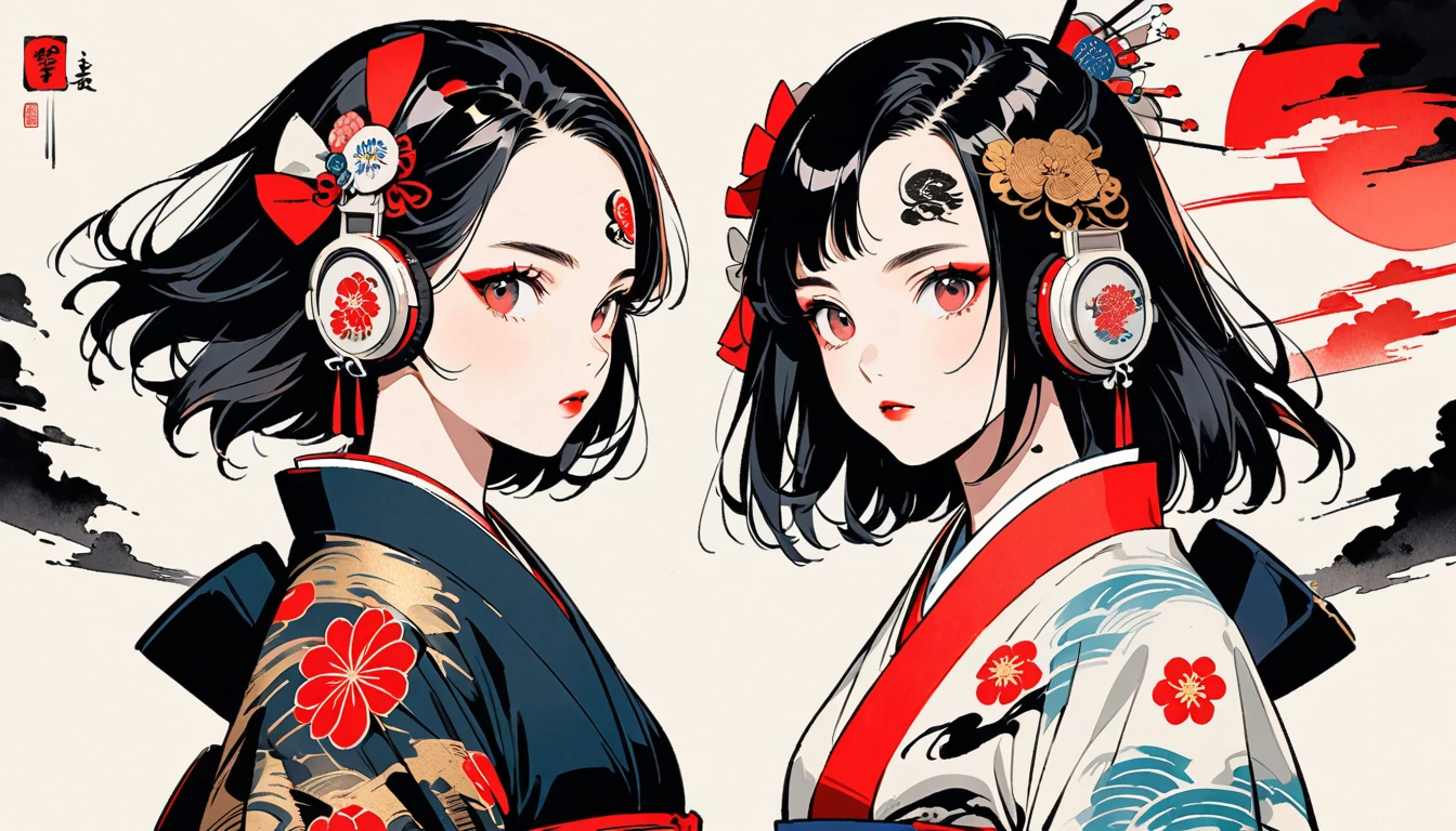 (((Ink Painting))), Fashion portrait color photos, (((twins))), (((Tattoo in the center of the forehead))), (((Very flashy hair accessories))), (((Very flashy makeup))), Japanese style headphones, Bob, front view, Japan人の美少女, Black Hair, Delicate and precise, Modern ukiyo-e style,Japan, Japanese flag