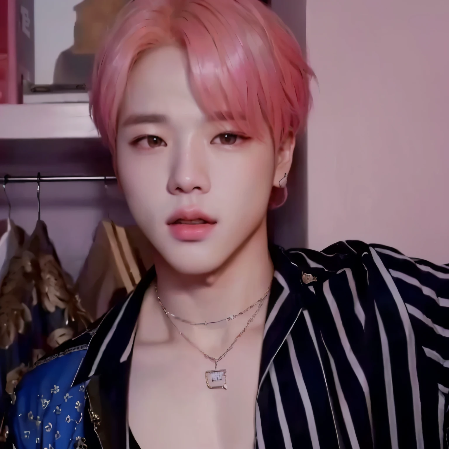 a close up of a person with pink hair and a necklace, Jimin\fleshy lips, Jimin, park Jimin, accurate Jimin face, Jimin\the right eyelid is swollen, Jimin\the Greek nose, Yoongi with black hair, Retrato de Jossi do Blackpink, bts, hyung tae, Tae June Kim, Kim Doyoung, cai xukun, Park Jimin, Korean male face, korean boy, Jimin BTS, Jimin, Korean face 