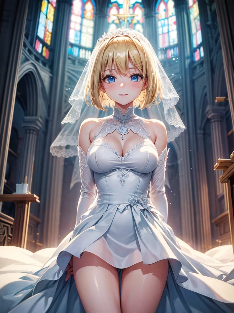 Anime style, super fine illustration, highly detailed, beautiful detailed, pale tone image, static representation, gentle expression, 8k, pretty 1girl with blonde straight short hair & blue eyes & a bright smile & full bust & soft fair skin is wearing the wedding dress in the church, brilliant particles of lights, romantic stories, solo, perfect 5fingers, perfect arms, perfect legs, masterpiece.