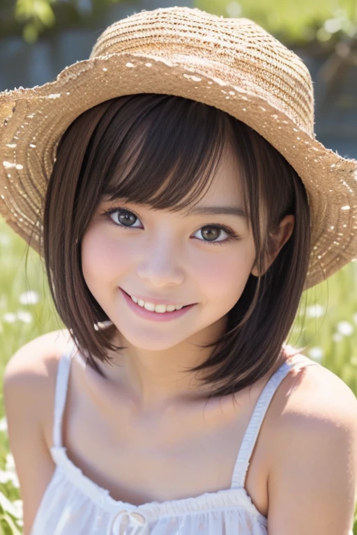 (8k),(masterpiece),(High resolution),(Realistic:1.4),Japanese,(14-year-old girl),Childish,((Innocent look)),Pure,from the front,smile,((cute)),((超cute)),Innocent,Kind eyes,((Double Eyes)),(Dark Eyes),Beautiful eye and skin details,(Realistic skin texture:1.3),(((High nose:1.3))),White camisole dress,((Sheer dress)),((See-through)),((The skin is clearly visible)),Décolletage,((Embarrassing:1.3)),((Shy:1.4)),(((Blushing))),Black Hair,(Child body type),((Slender)),summer,noon,bright,Flower Field,Straw hat,(flat chest)