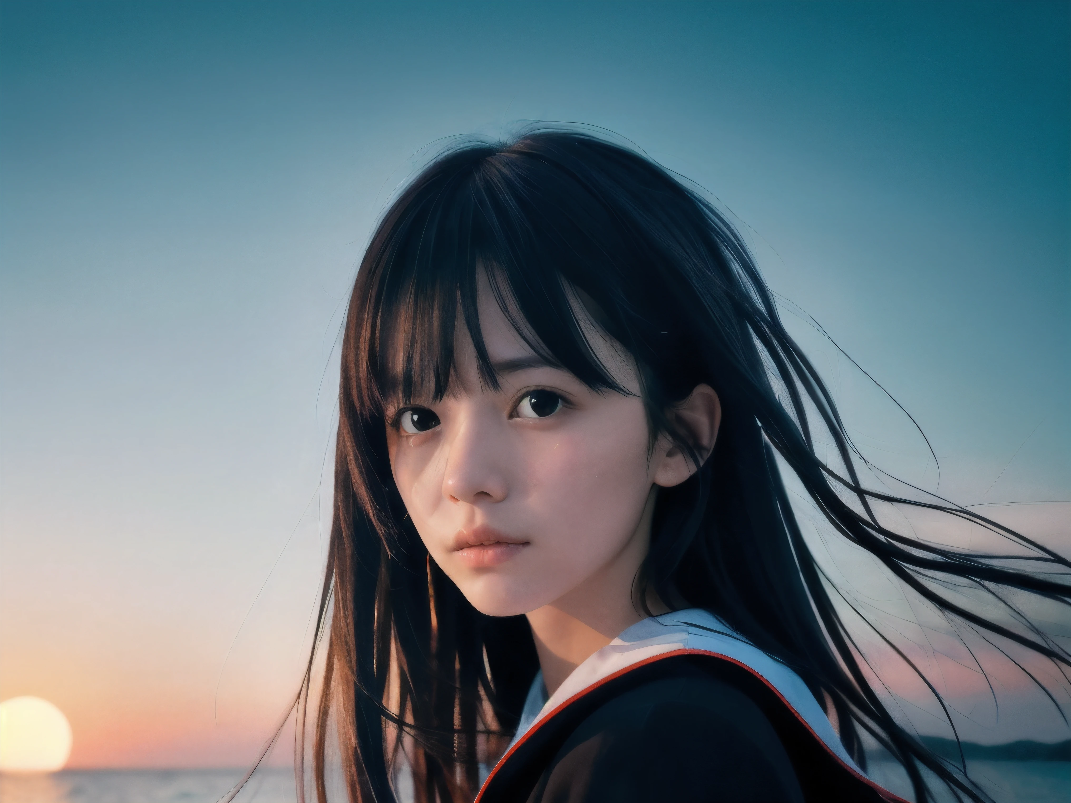 (Close up face shot of slender small-breasted two side up black medium hair with bangs girl wearing a white summer dress:1.5)、(One girl is turn around and crying face with tears at the cape of the sea in Japan:1.5)、(Beautiful full moon night on the sea:1.5)、(blurred background:1.5)、(8k ultra detailed master piece:1.5)、(perfect anatomy:1.5)、(Photorealistic stick:1.5)、(Raw photo:1.3)、(highest quality:1.5)、(High resolution:1.3)、(Delicate and beautiful perfect face:1.3)、(Delicate and beautiful eye air skin:1.3)、(Real Human Skin:1.3)、((thin legs))