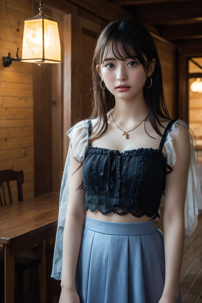 (Highest quality:1.4),(masterpiece:1.4),(Realistic:1.4),(Realistic:1.2),(超High resolution, RAW Photos:1.4),(High resolution, Ultra-detailed:1.2),(8k:1.2),View your viewers,Cinematic photography,One girl,skeletally correct,Black-haired woman,Woman in her early 20s,(Small earrings,necklace,Tulle blouse,Bustier,Crochet skirt),(Western-style building interior,Dimly lit room,The lamplight shines on my cheeks)
