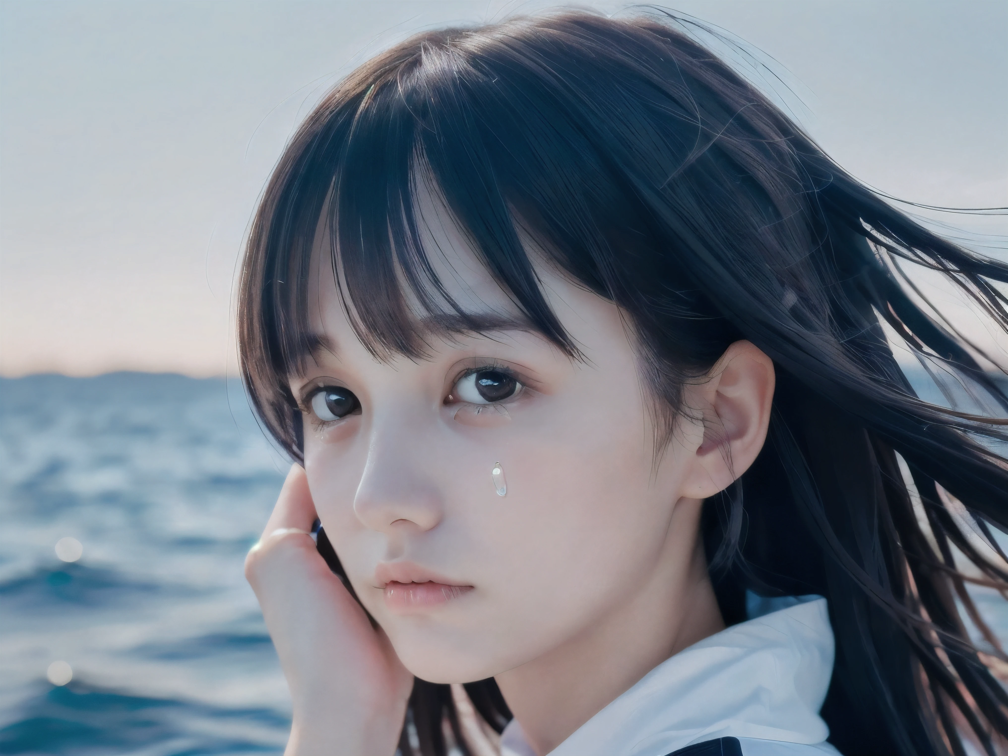 (Close up face shot of slender small-breasted two side up black medium hair with bangs girl wearing a white summer dress:1.5)、(One girl is turn around and big crying face with tears at the cape of the sea in Japan:1.5)、(Beautiful half moon night on the sea:1.5)、(blurred background:1.5)、(8k ultra detailed master piece:1.5)、(perfect anatomy:1.5)、(Photorealistic stick:1.5)、(Raw photo:1.3)、(highest quality:1.5)、(High resolution:1.3)、(Delicate and beautiful perfect face:1.3)、(Delicate and beautiful eye air skin:1.3)、(Real Human Skin:1.3)、((thin legs))