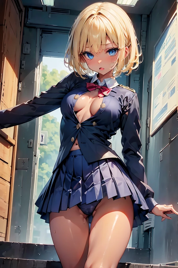 One Girl、Big Breasts、Wear a short-skirted uniform、Navy Blue Uniform、valley、(((Open the chest)))、((((Brown Skin))))、Open your mouth and stick out your tongue、The tongue is glistening with saliva、Dripping saliva、 body、He is short、delicate、Toned body、Thin legs、Leg muscles thighs、Hair is golden、Bob、(((blonde)))、((blue eyes))、Exposed long legs、Accentuate your breasts、Provocative face、(((masterpiece)))、Sweat、Looking up from below、Intimidating、Relaxed uniform、えろいbody