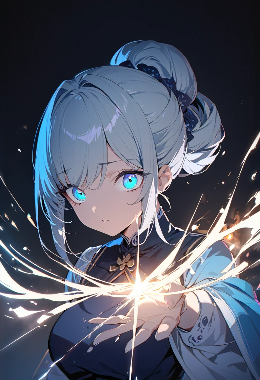 One girl, masterpiece, best quality, beautiful girl, big eyes, aquamarine eyes, light blue hair, chignon, long sleeves, blue dress, magic, black background, anime