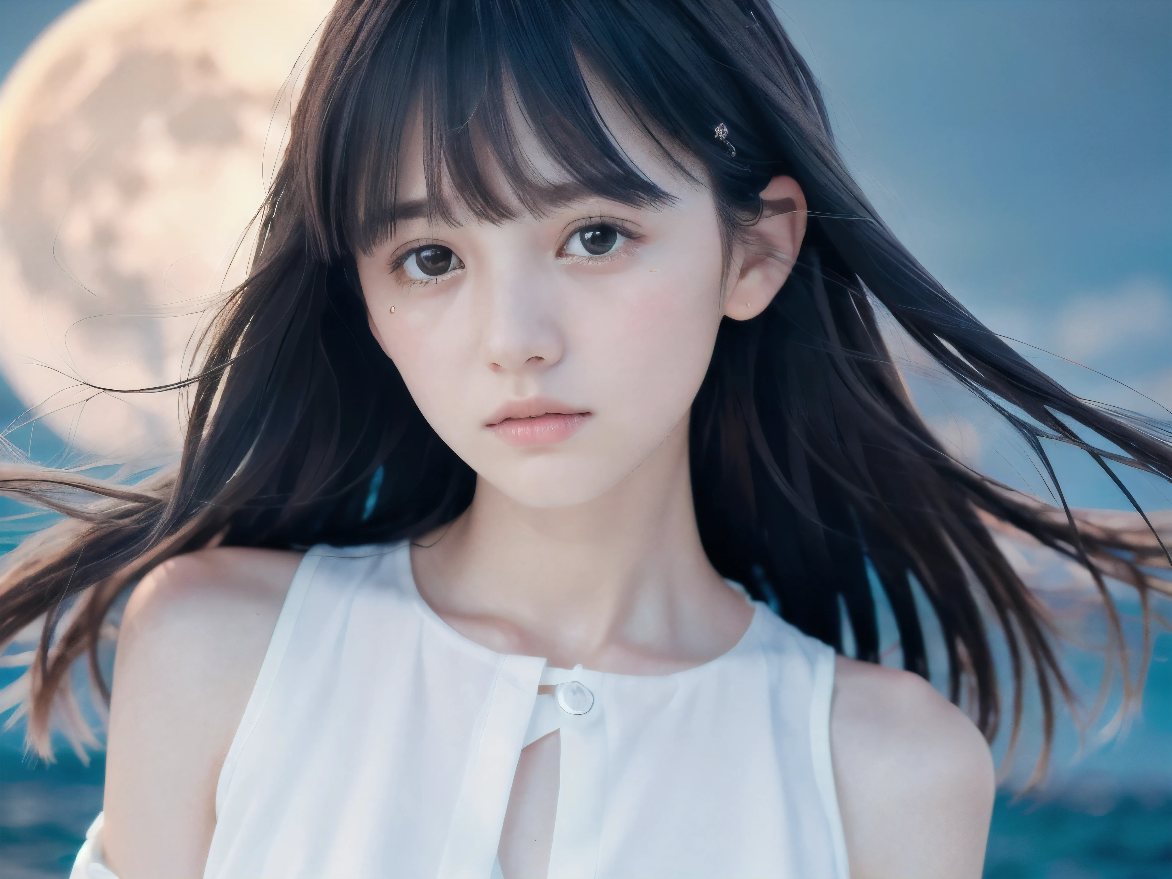 (Close up face shot of slender small-breasted two side up black medium hair with bangs girl wearing a white summer dress:1.5)、(One girl is turn around and crying face with tears at the cape of the sea in Japan:1.5)、(Beautiful full moon night on the sea:1.5)、(blurred background:1.5)、(8k ultra detailed master piece:1.5)、(perfect anatomy:1.5)、(Photorealistic stick:1.5)、(Raw photo:1.3)、(highest quality:1.5)、(High resolution:1.3)、(Delicate and beautiful perfect face:1.3)、(Delicate and beautiful eye air skin:1.3)、(Real Human Skin:1.3)、((thin legs))