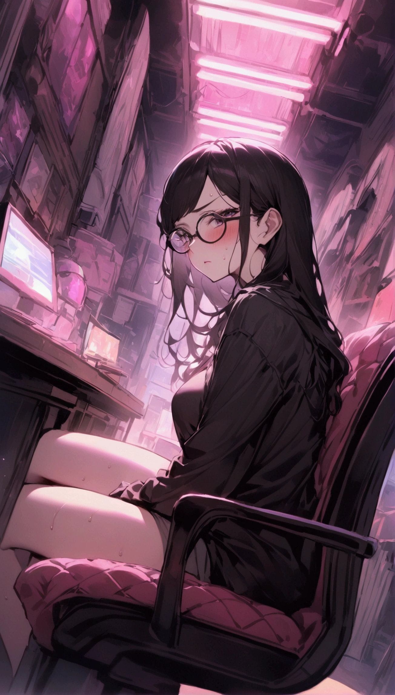 Dynamic composition,dutch angle,from side,脚にフォーカス,{{masterpiece}}, {{{Highest quality}}},{{Very detailed}},1girl,30years old,{Mature Woman}},otaku obsessed with fighting geeks,,{{Sit on a chair and take a rest}},glasses,long-sleeved shirt,cyberpunk,,{{v-shaped eyebrows}},Bad mood,blush,Sweat,raise one's eyebrows ,{{View your viewers}}、long hair,abdominal pain ,indoor