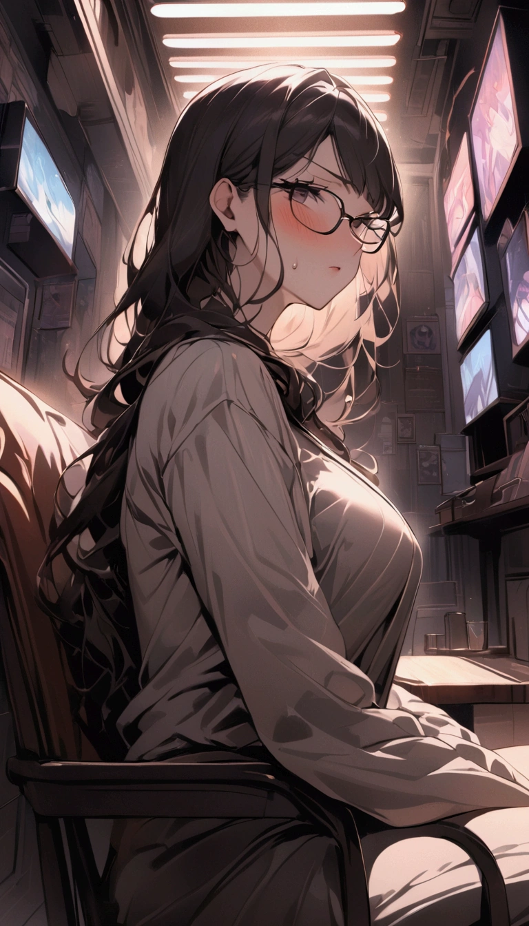 Dynamic composition,dutch angle,from side,脚にフォーカス,{{masterpiece}}, {{{Highest quality}}},{{Very detailed}},1girl,30years old,{Mature Woman}},otaku obsessed with fighting geeks,,{{Sit on a chair and take a rest}},glasses,long-sleeved shirt,cyberpunk,,{{v-shaped eyebrows}},Bad mood,blush,Sweat,raise one's eyebrows ,{{View your viewers}}、long hair,abdominal pain ,indoor