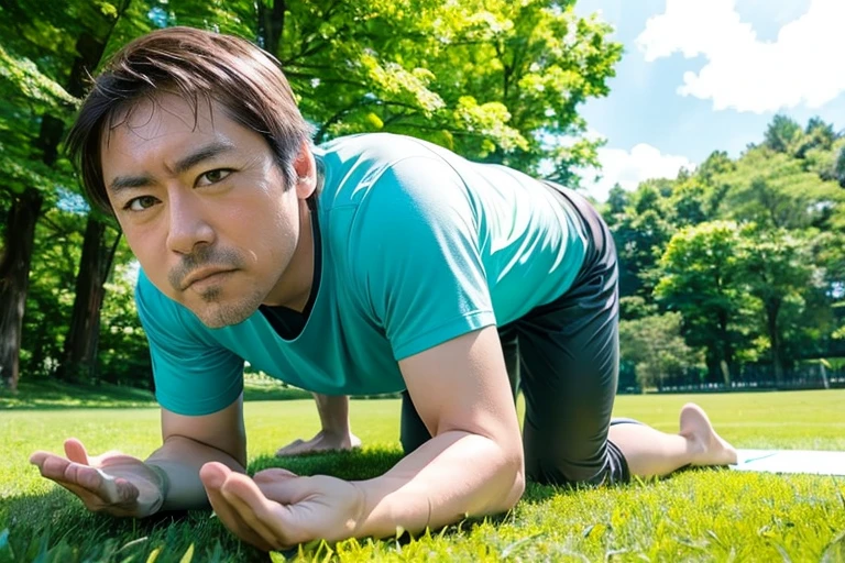 (Low angle shot), yoga, blue sky、Green Grass、Sportswear、yogaマット、Natural light, male, middle aged, (On all fours),