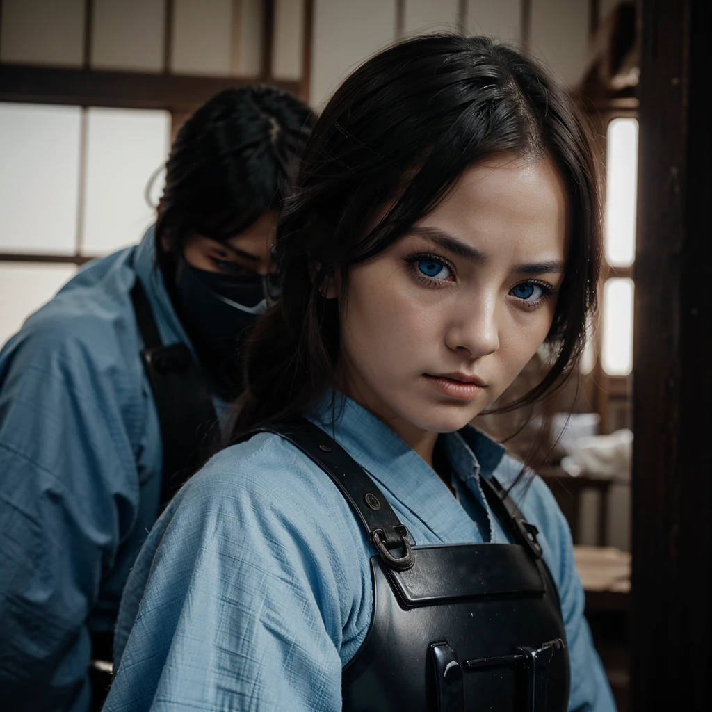 A woman with a cold character, beautiful blue eyes, she is a samurai and a tough fighter