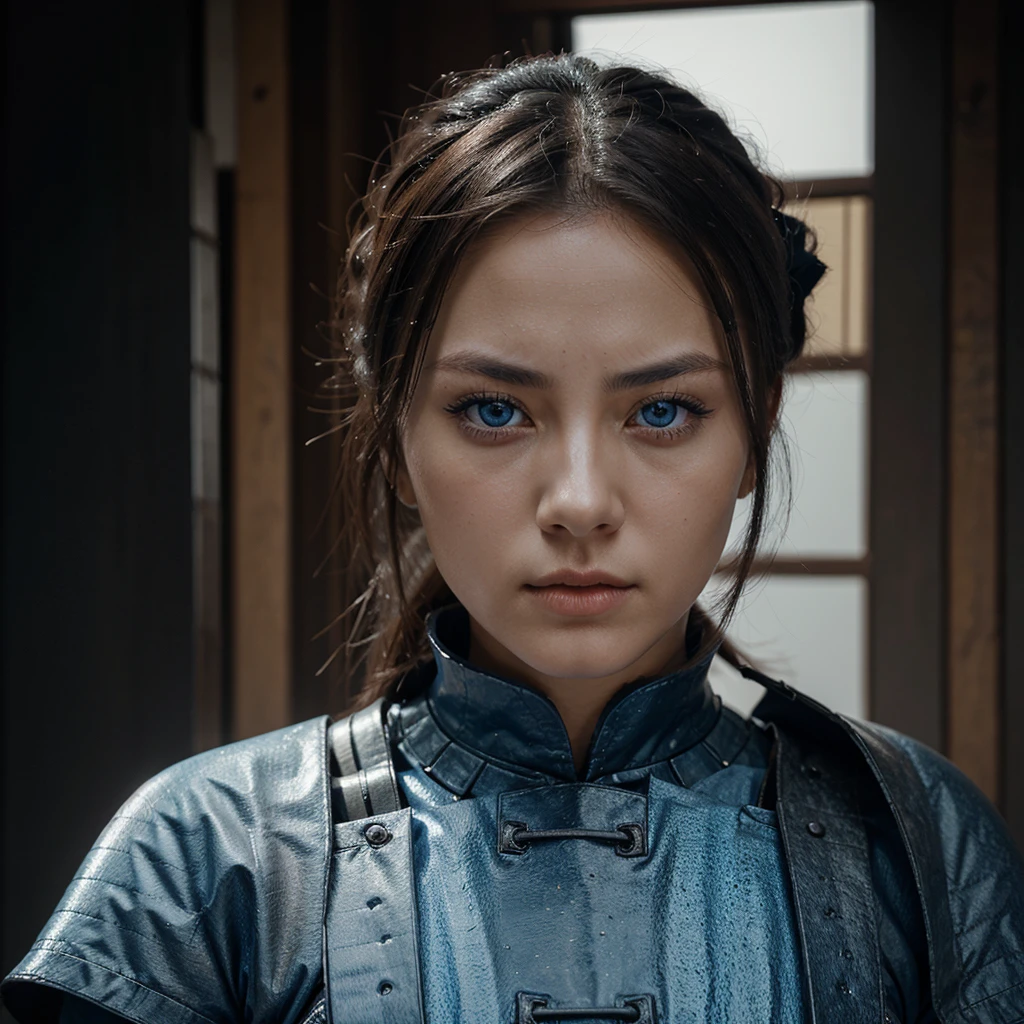 A woman with a cold character, beautiful blue eyes, she is a samurai and a tough fighter