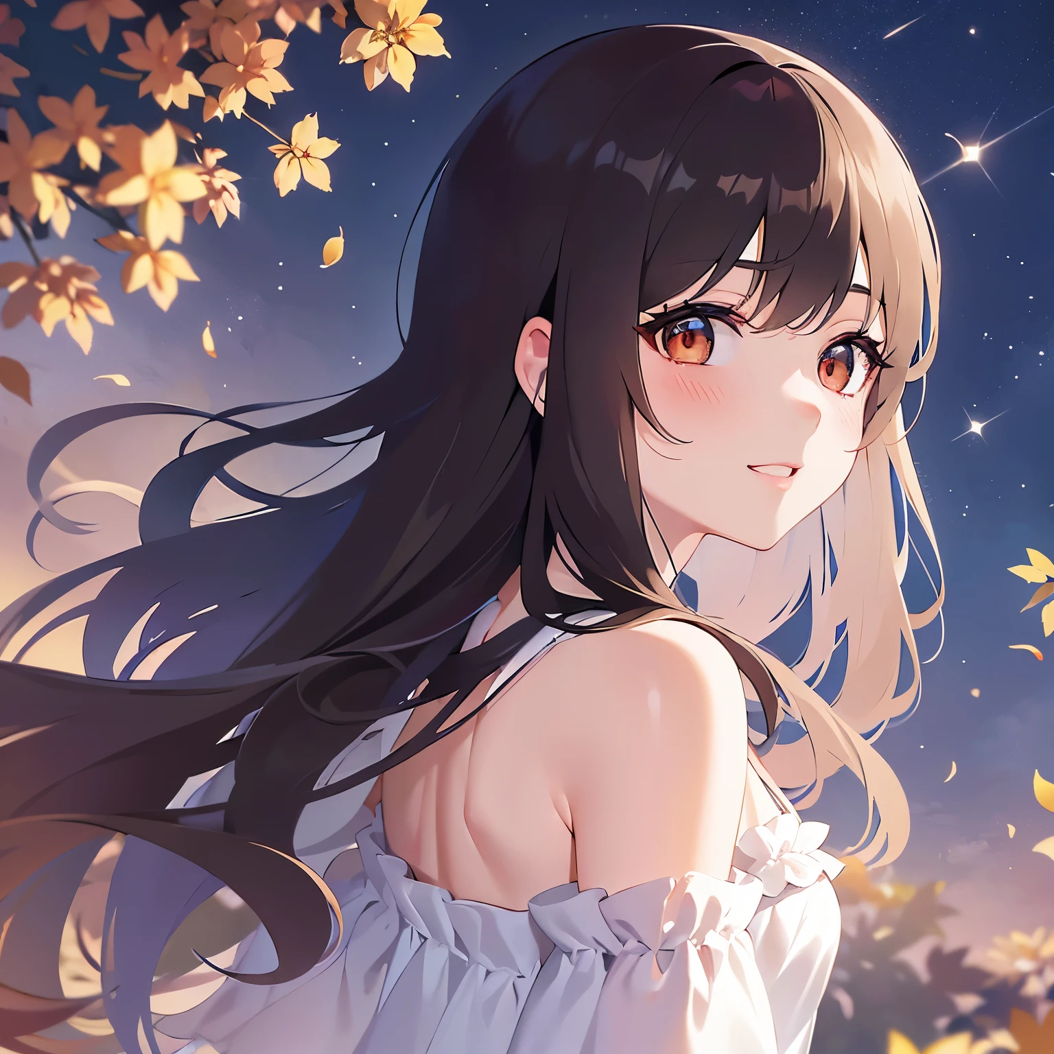 looking up, Cleavage、upper body、(pale skin: 1.2), shiny skin, shiny hair、(A 25-year-old woman with medium-length hair and bangs) and (wavy hair) and (brown hair) and (orange eyes) , (white) and (off shoulder dress) 、smile, (blush:1.2), The background is the night starry sky、Alone、Are standing