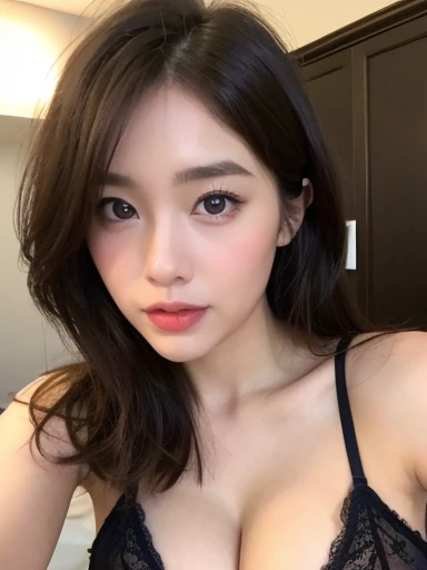 (Realistic、Masseter region、Highest quality、High resolution、RAW Photos)、(whole body, No cloth, Glamorous Body)Realistic、Bright lighting、Face Light、Smooth Professional Lighting、pretty girl、Beautiful woman、Modeled、gravure、Natural Makeup、so beautiful、Realistic and beautiful skin、Plum Thighs, Beautiful and detailed、Detailed face、Big Breasts+、Cleavage+、Wavy Hair、bangs, Brunette Hair、Brown eyes, Sexy Face, Looking into the camera、take a picture, Seductive pose, Cowboy Shot, Angle from below, Sexy Lingerie++, (High Quality Lingerie, Luxury Lingerie,Random Color Lingerie) I want a kiss+++