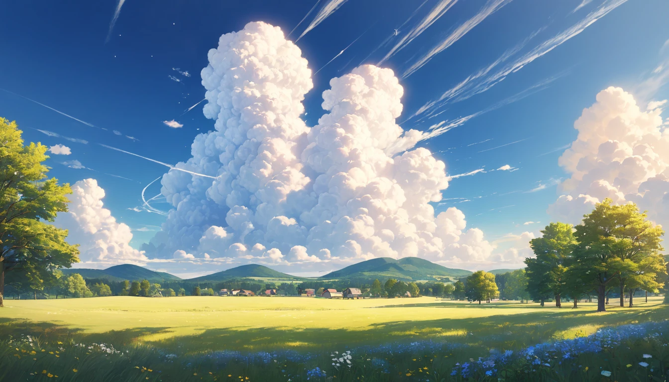 Summer prairie, meadow, few small flowers, large clouds, blue sky, hot weather, HD detail, hyper-detail, cinematic, surrealism, soft light, deep field focus bokeh, ray tracing, and surrealism. --v 6