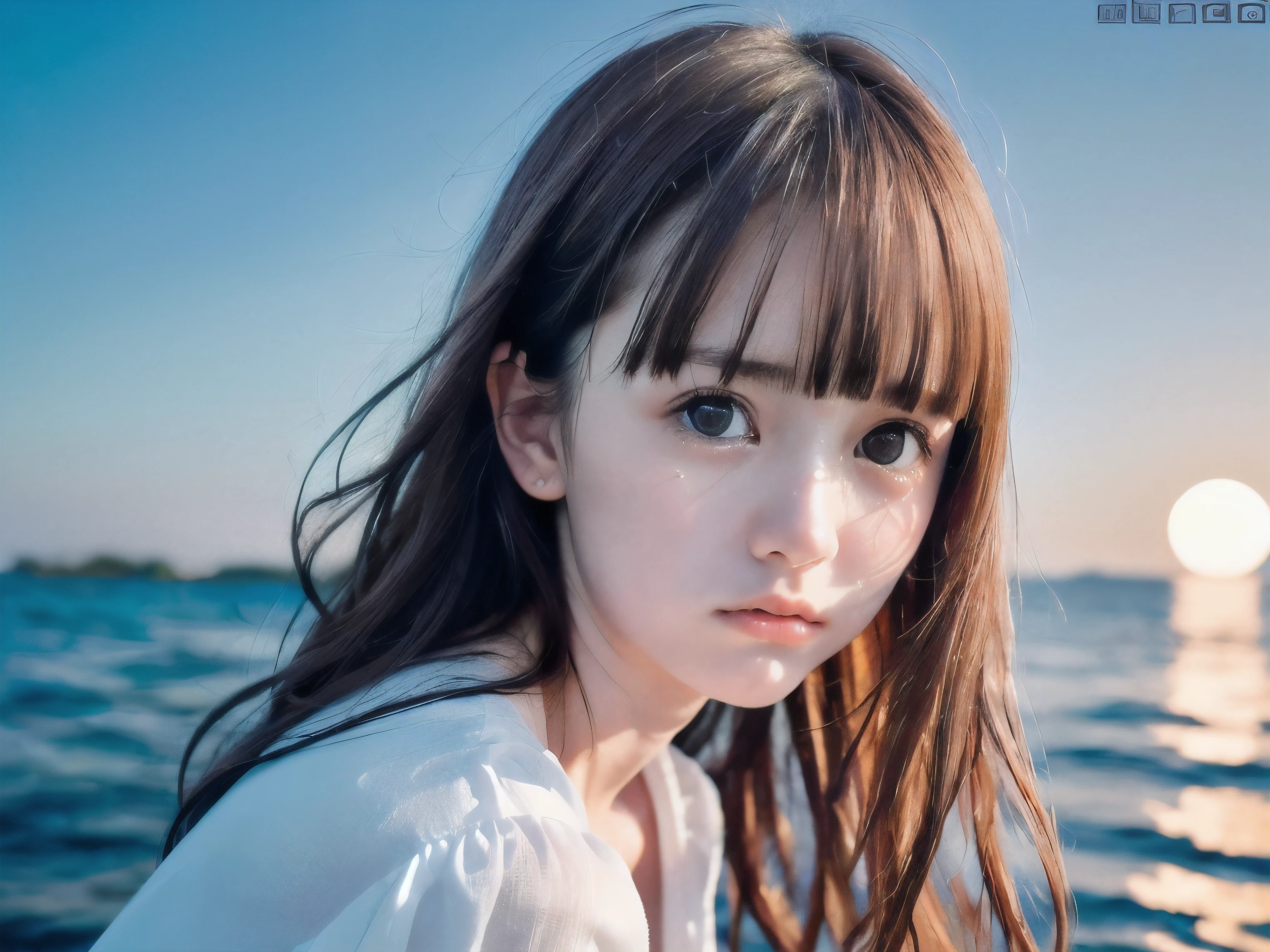 (Close up face shot of slender small-breasted red brown wavy long hair with dull bangs girl wearing a white summer dress:1.5)、(One girl is turn around and big crying face with tears at the cape of the sea in Japan:1.5)、(Beautiful full moon night on the sea:1.5)、(blurred background:1.5)、(8k ultra detailed master piece:1.5)、(perfect anatomy:1.5)、(Photorealistic stick:1.5)、(Raw photo:1.3)、(highest quality:1.5)、(High resolution:1.3)、(Delicate and beautiful perfect face:1.3)、(Delicate and beautiful eye air skin:1.3)、(Real Human Skin:1.3)、((thin legs))