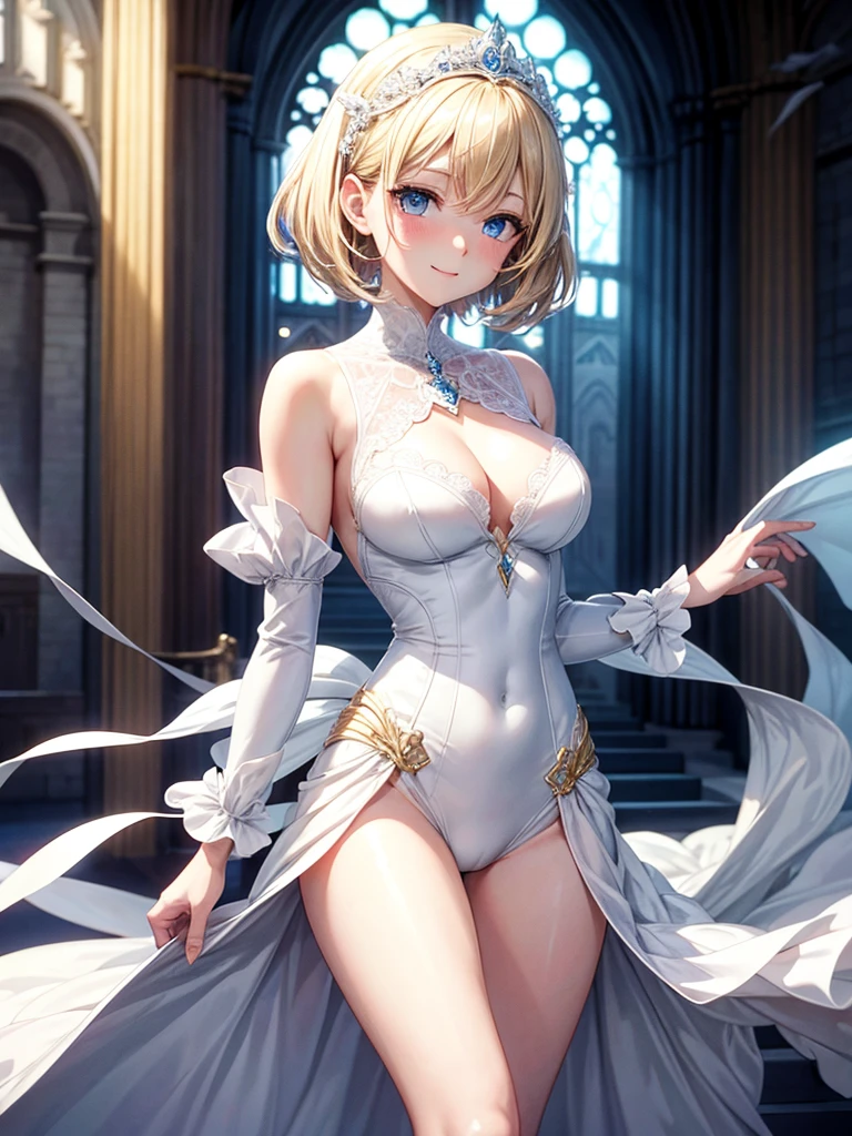 Anime style, super fine illustration, highly detailed, beautiful detailed, pale tone image, static representation, gentle expression, 8k, pretty 1girl with blonde straight short hair & blue eyes & a bright smile & full bust & soft fair skin is wearing the wedding dress in the church, brilliant particles of lights, romantic stories, solo, perfect 5fingers, perfect arms, perfect legs, masterpiece.