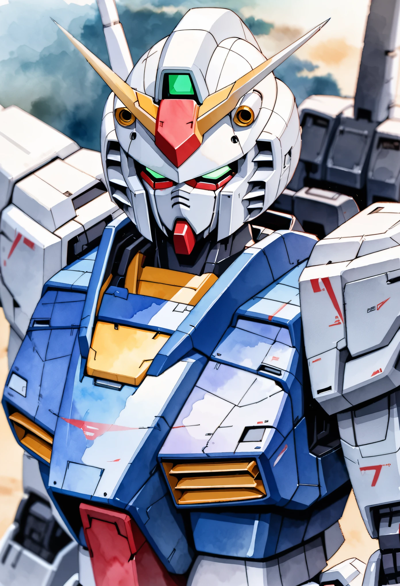 (masterpiece),(Highest quality),(Very detailed),(High resolution),((watercolor)),(Anime Style),8k,Hard Edge,robot,機動戦士Gundam,Gundam,RX78-2,((Twin Eye)),(watercolor画の飛沫、Oozing、Blurred、Blotting、Effective use of fade techniques)
