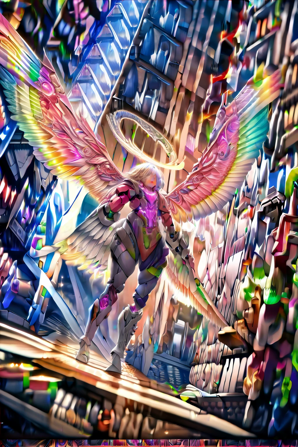 (best quality, masterpiece, colorful, dynamic angle, from below, highest detailed)upper body photo, full body photo, fashion photography of cute mechangel, glowing 4 wings, solo, glowing armor, glowing halo, building, glowing mechanical 4 wings (intricate details, hyperdetailed:1.15), detailed, light passing through hair, (official art, extreme detailed, highest detailed), HDR+