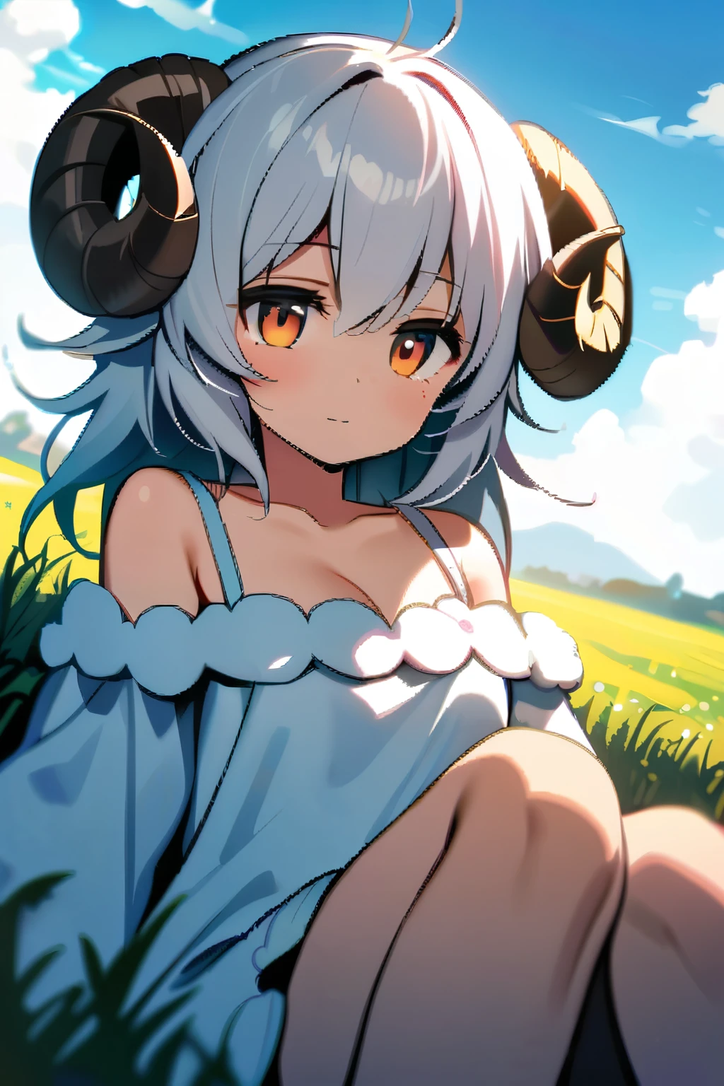HDR,Dutch angle,1 girl,cherubic sheep girl,white hair,medium breasts,curved sheep horns,soft fluffy white clothes,cleavage,bare shoulders,delicate freckles,detailed eyes,(expressionless),smile,jitome, BREAK sitting on meadow,she gazes off into the distance,the sun's warm rays,In the heart of a tranquil meadow,breeze