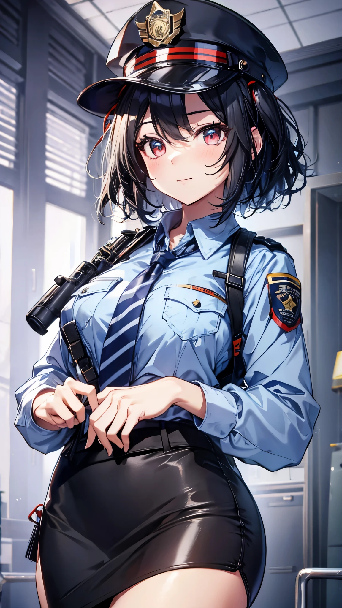 cowboy shot,standing,Kitasan_black_umamusume,seductive smile,animal ears,red eyes,short hair,black hair,striped hair, hair ornaments,small breasts, horse tail,(policewoman,Police hat,dark blue necktie,light blue shirt,pencil skirt:1.3),masterpiece,Noise Reduction,perfect anatomy,high resolution, ultra-detailed, ultra-detailed face,game cg,dutch angle ,beautiful detailed eyes,visualart,five fingers, perfect hands, perfect lighting, sparkling pupils,