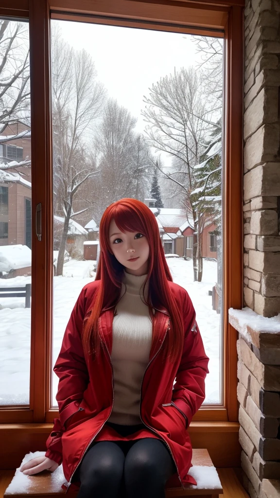 Red-haired anime girl wearing a red down jacket,snow on the window,Crouch in front of the fireplace,Big Breasts