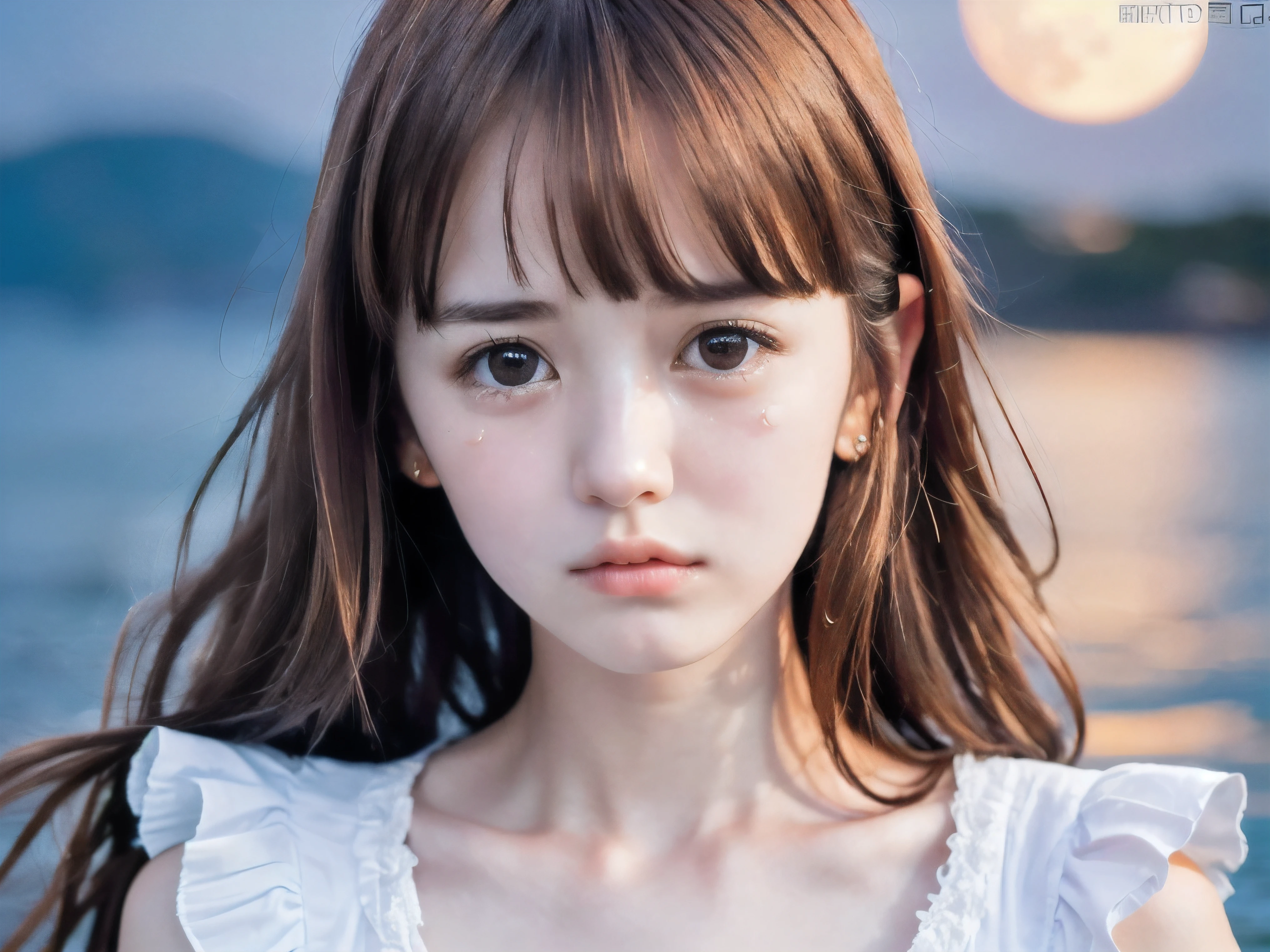 (Close up face shot of slender small-breasted red brown wavy long hair with dull bangs girl wearing a white summer dress:1.5)、(One girl is turn around and big crying face with tears at the cape of the sea in Japan:1.5)、(Beautiful full moon night on the sea:1.5)、(blurred background:1.5)、(8k ultra detailed master piece:1.5)、(perfect anatomy:1.5)、(Photorealistic stick:1.5)、(Raw photo:1.3)、(highest quality:1.5)、(High resolution:1.3)、(Delicate and beautiful perfect face:1.3)、(Delicate and beautiful eye air skin:1.3)、(Real Human Skin:1.3)、((thin legs))