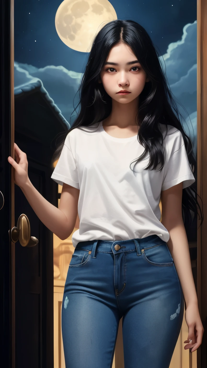 ((best quality)), ((masterpiece)), (detailed), A digital illustration of a long black haired age girl slowly opening a door with a expression of tense on her face. She is wearing a plain white t-shirt and blue jeans. The background is full moon and haunted