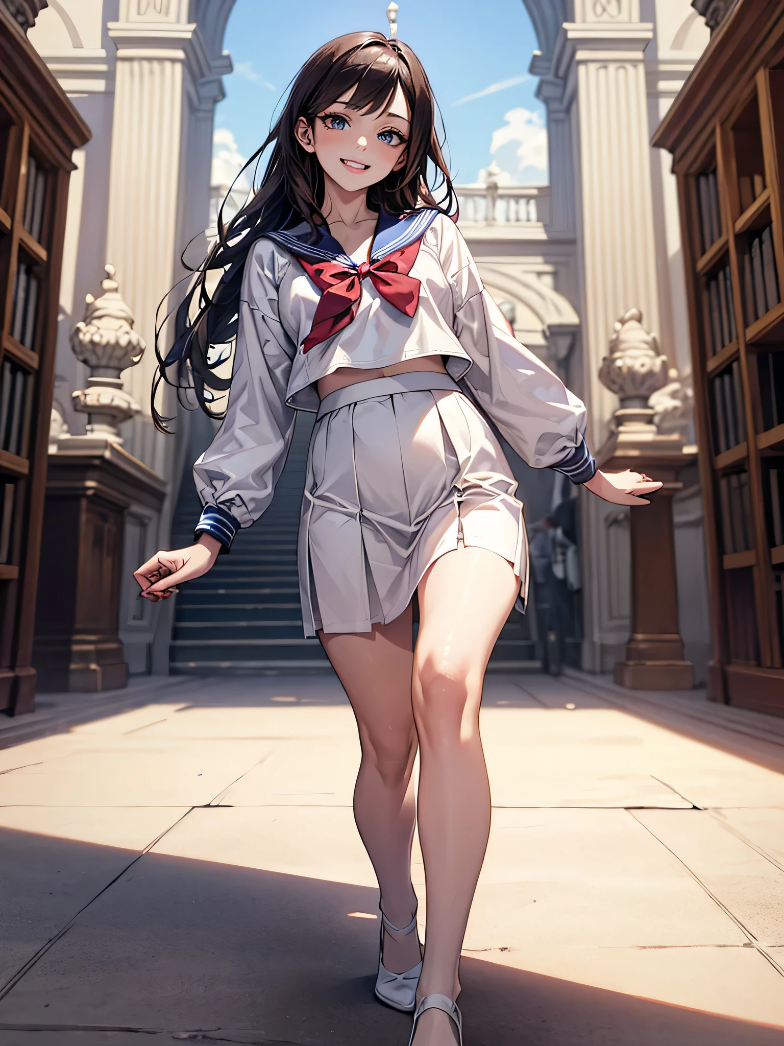 (Biologically correct limb count),Full body, including face,4K,Focus on the masterpiece face,Well-proportioned facial features,Delicate descriptive eyes,One beautiful woman、Excellent style,(White Sailor Suit,skirt),(Grin),Looking down,Photos with white borders,Look away from the camera,National Library,walking