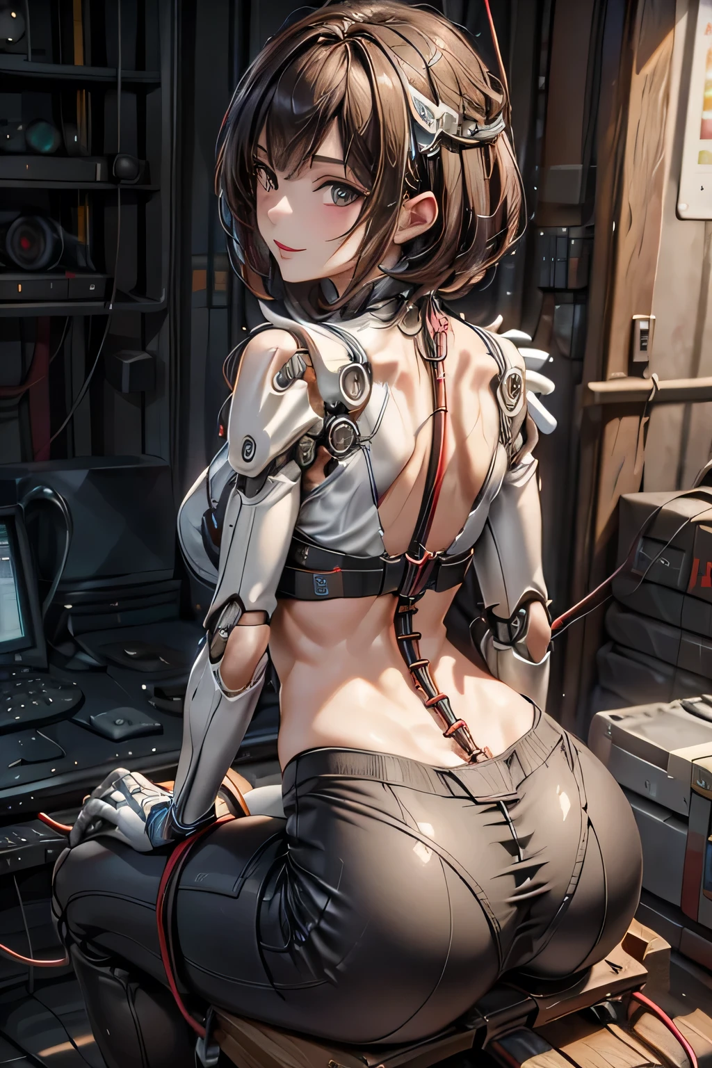 (((masterpiece))), (((Highest quality))), ((Very detailedな)), (Detailed CG illustrations), ((Very delicate and beautiful)),Cinematic Light,((One mechanical woman)), alone,mature,Big and ample breasts,Plump, whole body, (Machine made joints:1.4),((Mechanically cut muscle blood vessels connected to tubes),(Brain in a container:1.3),((Mechanical spine attached to the back)),((Mechanical cervical spine attached to the neck)),,(((The crotch is open))),((Sitting)),(Wires and cables connected to the head and torso:1.5), short hair, (Character Focus), sf, ((Very detailed,colorful)), Best details, ((background: basement))