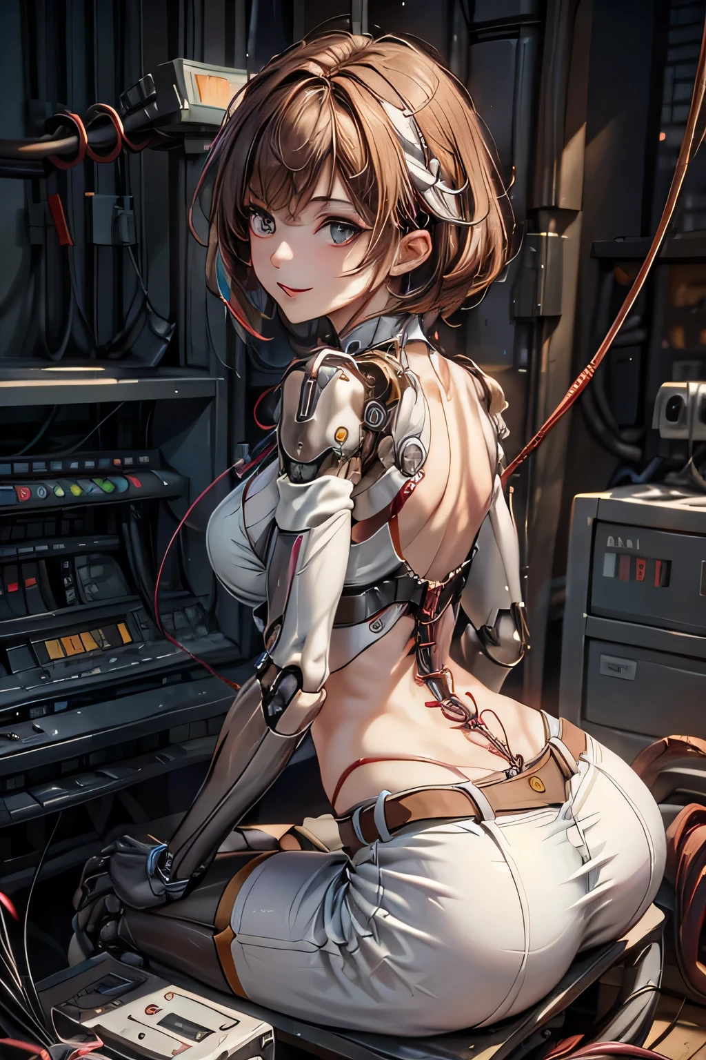 (((masterpiece))), (((Highest quality))), ((Very detailedな)), (Detailed CG illustrations), ((Very delicate and beautiful)),Cinematic Light,((One mechanical woman)), alone,mature,Big and ample breasts,Plump, whole body, (Machine made joints:1.4),((Mechanically cut muscle blood vessels connected to tubes),(Brain in a container:1.3),((Mechanical spine attached to the back)),((Mechanical cervical spine attached to the neck)),,(((The crotch is open))),((Sitting)),(Wires and cables connected to the head and torso:1.5), short hair, (Character Focus), sf, ((Very detailed,colorful)), Best details, ((background: basement))