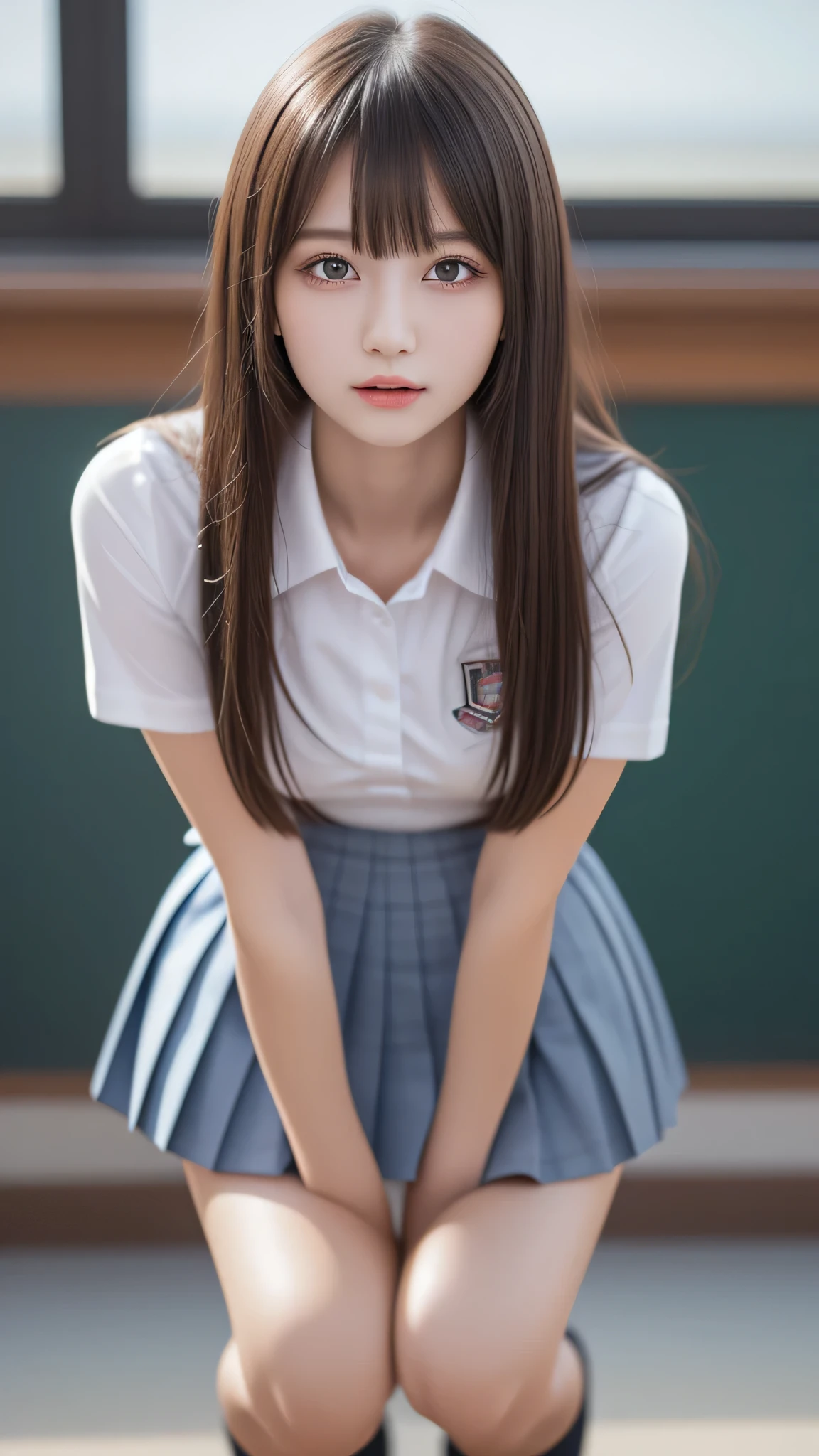 (1girl), kawaii, (highly detailed Beautiful face), (Best Quality:1.4), (Ultra-detailed), (extremely detailed CG unified 8k wallpaper), Professional Photography, Realistic portrait, (hi-school uniform, pleated mini skirt:1.3), (High with wide open breasts:1.2), depth of fields, School, classroom, (squatting:1.2), (panties:1.2), (fine face:1.2),