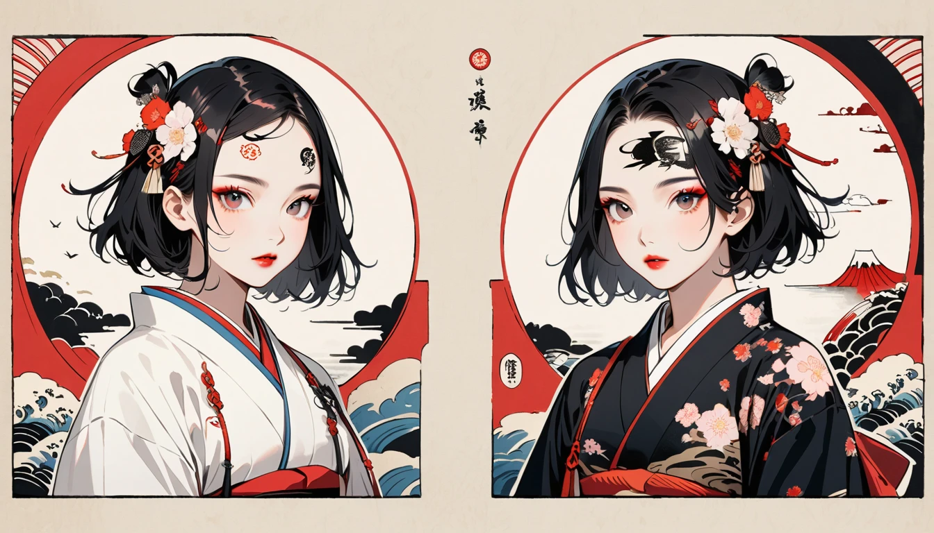 (((Ink Painting))), Fashion portrait color photos, (((twins))), (((Tattoo in the center of the forehead))), (((Very flashy hair accessories))), (((Very flashy makeup))), Japanese style headphones, Bob, front view, Japan人の美少女, Black Hair, Delicate and precise, Modern ukiyo-e style,Japan, Japanese flag