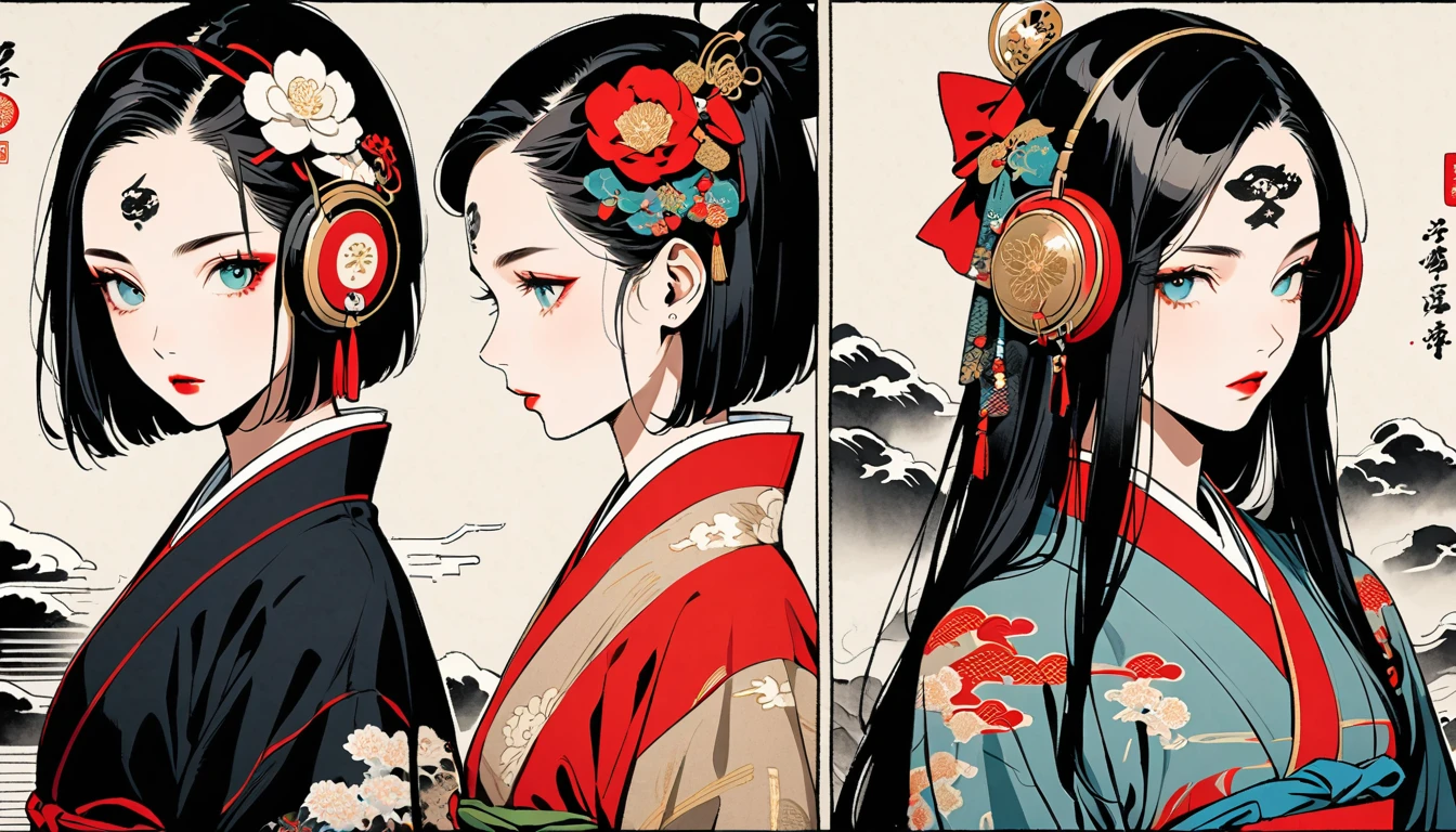 (((Ink Painting))), Fashion portrait color photos, (((twins))), (((Tattoo in the center of the forehead))), (((Very flashy hair accessories))), (((Very flashy makeup))), Japanese style headphones, Bob, front view, Japan人の美少女, Black Hair, Delicate and precise, Modern ukiyo-e style,Japan, Japanese flag