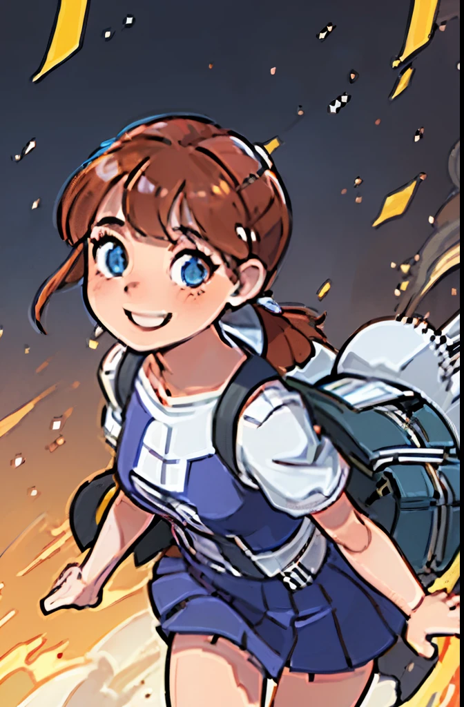 android, beautiful robot, short pigtails, brown hair, Hair tie with two big red clothespins, big smile, brown hair, middle age, joint seam, blue eyes, full body figure, Height: 160cm, Light beige micro mini one-piece dress, fluttering skirt, skirt folds, white retro swimwear, Uplifting, 2020s anime style, 21thcentury japan animation, show White pantie, strong wind is blowing.