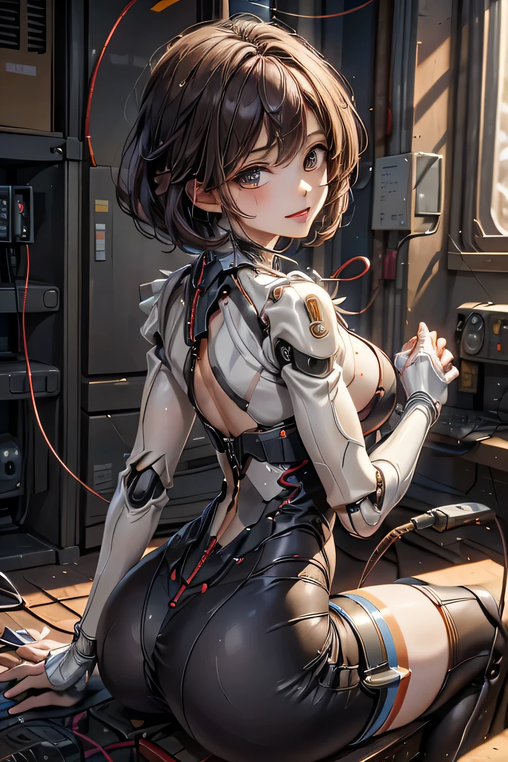 (((masterpiece))), (((Highest quality))), ((Very detailedな)), (Detailed CG illustrations), ((Very delicate and beautiful)),Cinematic Light,((One mechanical woman)), alone,mature,Big and ample breasts,Plump, whole body, (Machine made joints:1.4),((Mechanically cut muscle blood vessels connected to tubes),(Brain in a container:1.3),((Mechanical spine attached to the back)),((Mechanical cervical spine attached to the neck)),,(((The crotch is open))),((Sitting)),(Wires and cables connected to the head and torso:1.5), short hair, (Character Focus), sf, ((Very detailed,colorful)), Best details, ((background: basement))