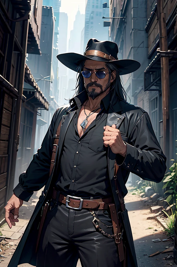 A man wearing a black hat and sunglasses, Like Solomon Kane, Epic Fantasy D & Good Hobbit Rogue, After the world ends explorer, Nicodemus, cowboy, gunman! middle aged man, Dressed up as a garbage collector, Disco Elysium characters, Old Cyberpunk Man, dirty man, After the world ends, To D & letter D, john