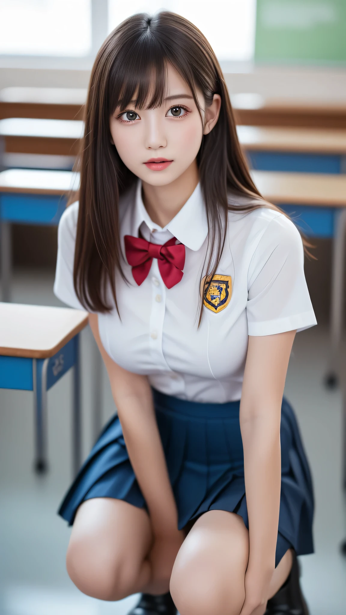 (1girl), kawaii, (Best Quality:1.4), (Ultra-detailed), (extremely detailed CG unified 8k wallpaper), Professional Photography, Realistic portrait, (hi-school uniform, pleated mini skirt:1.3), (High with wide open breasts:1.2), depth of fields, School, classroom, (squatting:1.2), (panties:1.2), (fine face:1.2),