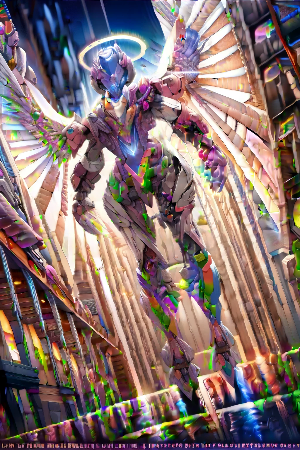 (best quality, masterpiece, colorful, dynamic angle, from below, highest detailed)upper body photo, full body photo, fashion photography of cute mechangel, glowing 4 wings, solo, glowing armor, glowing halo, building, glowing mechanical 4 wings (intricate details, hyperdetailed:1.15), detailed, light passing through hair, (official art, extreme detailed, highest detailed), HDR+