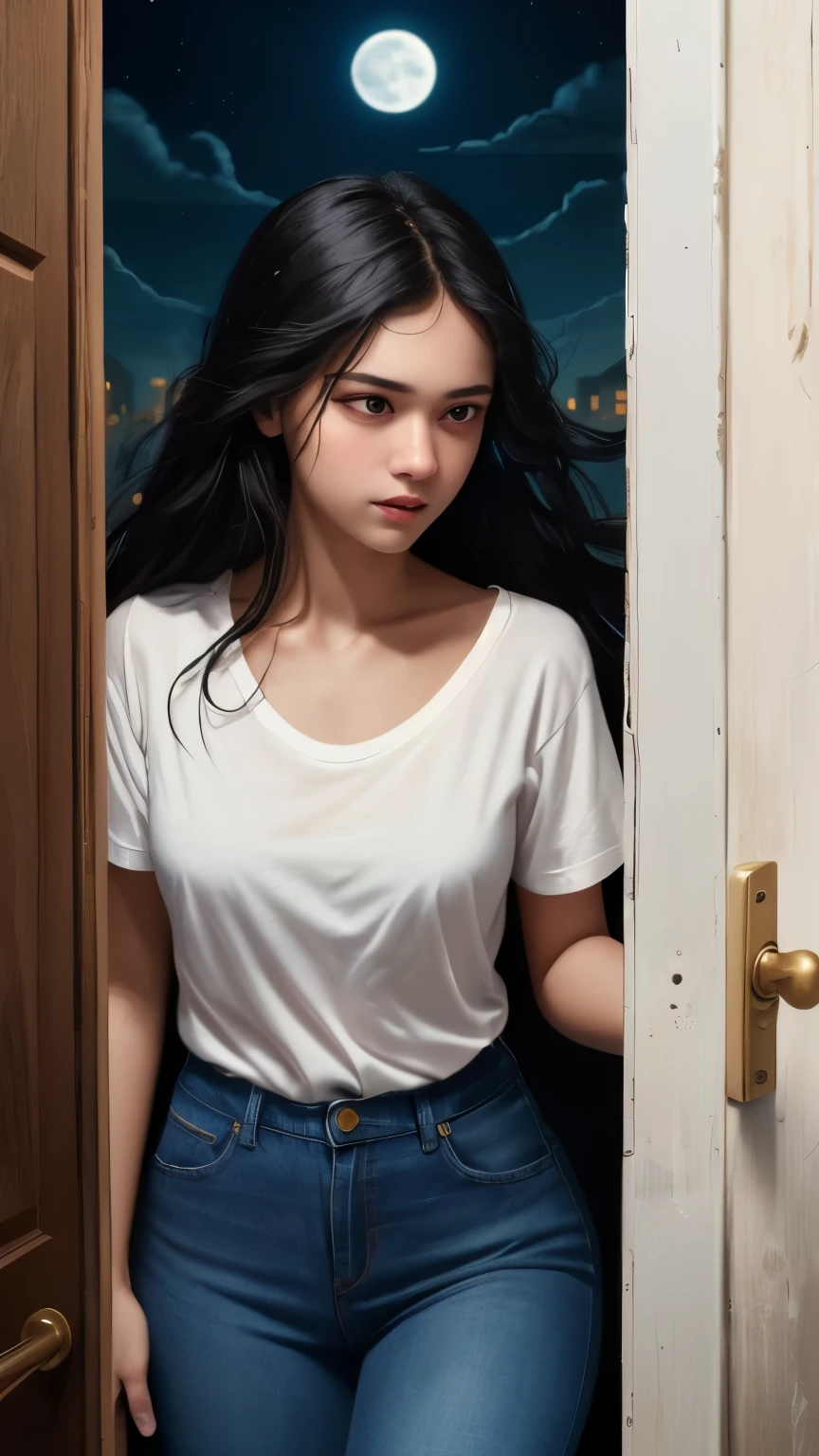((best quality)), ((masterpiece)), (detailed), A digital illustration of a long black haired age girl slowly opening a door with a expression of tense on her face. She is wearing a plain white t-shirt and blue jeans. The background is full moon and haunted