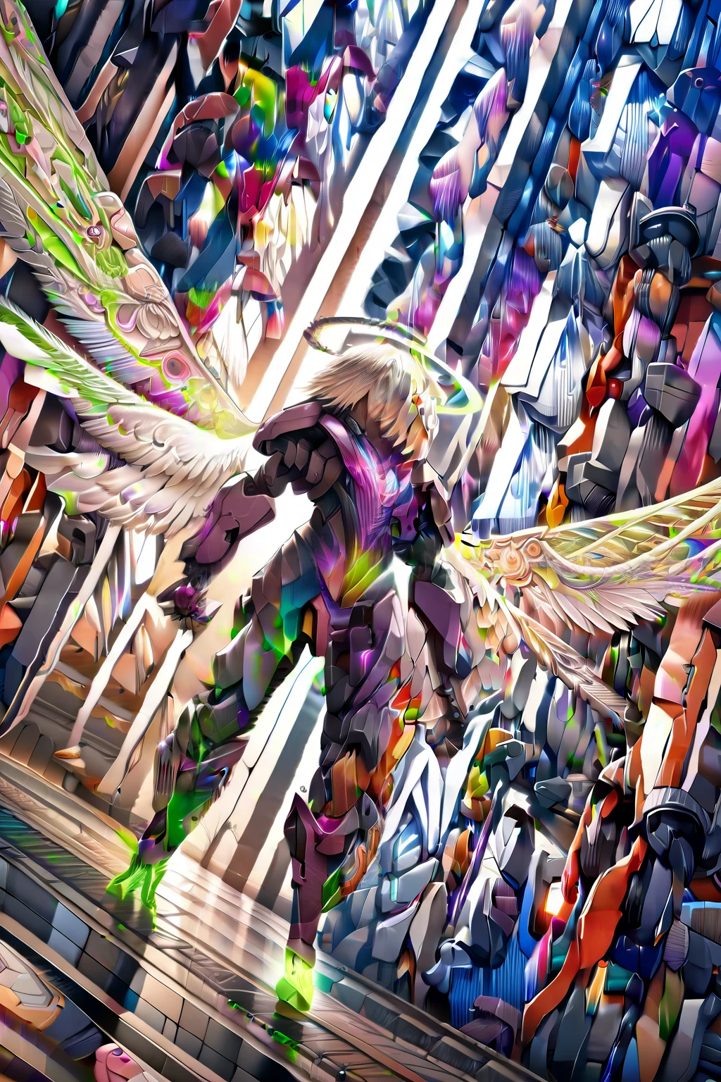 (best quality, masterpiece, colorful, dynamic angle, from below, highest detailed)upper body photo, full body photo, fashion photography of cute mechangel, glowing 4 wings, solo, glowing armor, glowing halo, building, glowing mechanical 4 wings (intricate details, hyperdetailed:1.15), detailed, light passing through hair, (official art, extreme detailed, highest detailed), HDR+