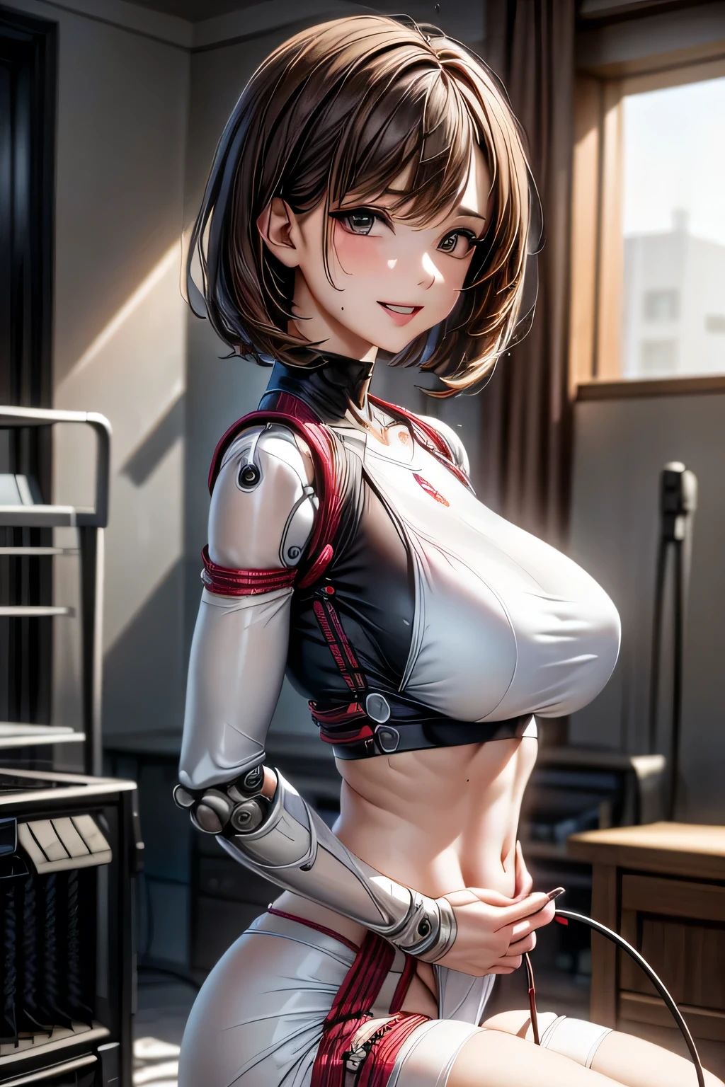 (((masterpiece))), (((Highest quality))), ((Very detailedな)), (Detailed CG illustrations), ((Very delicate and beautiful)),Cinematic Light,((One mechanical woman)), alone,mature,Big and ample breasts,Plump, whole body, (Machine made joints:1.4),((Mechanically cut muscle blood vessels connected to tubes),(Brain in a container:1.3),((Mechanical spine attached to the back)),((Mechanical cervical spine attached to the neck)),,(((The crotch is open))),((Sitting)),(Wires and cables connected to the head and torso:1.5), short hair, (Character Focus), sf, ((Very detailed,colorful)), Best details, ((background: basement))