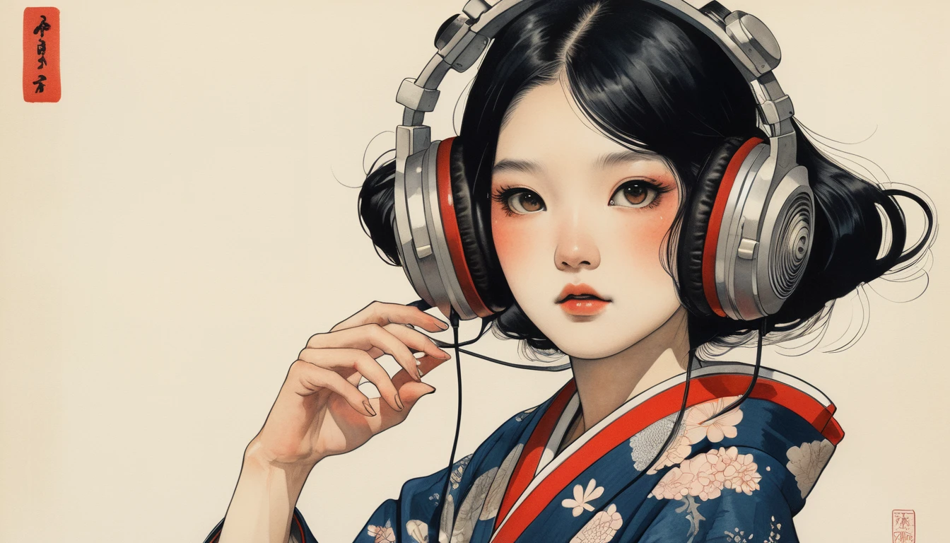 Goldfish print kimono, TATOO on the face, Highest quality, Katsushika Hokusai, Ink Painting, (((1 girl))), Japanese style headphones, beautiful girl, Black hair long hair, Delicate and precise, Modern ukiyo-e style, Darkness