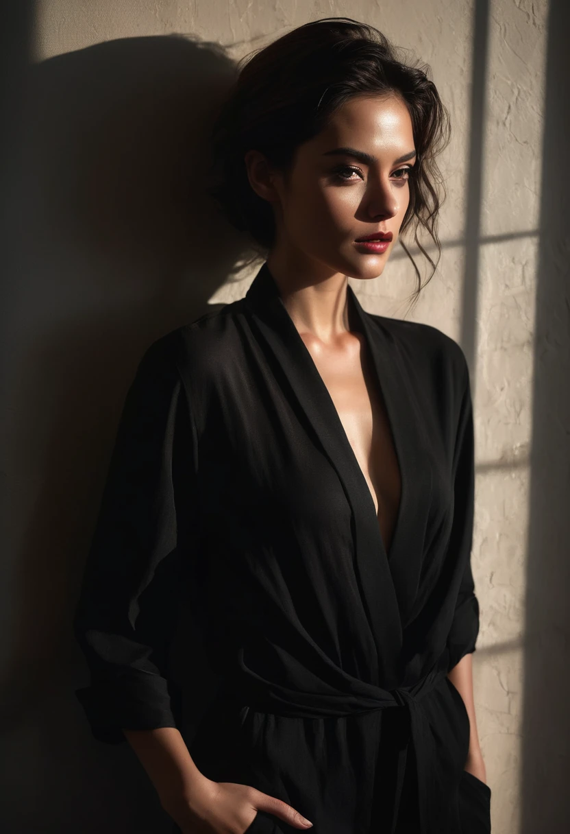 woman bathed in soft light, leaning against a wall, looking into the camera in a moment of raw emotion. Her attire is minimal, accentuating her beauty with the dramatic shadows cast by the lighting. The background is stark, with sharp contrasts highlighting the contours of her form. The red and black palette intensifies the mood, evoking a sense of mystery and allure. Subtle film grain and meticulous shading add depth and texture, emphasizing the emotional gravity of the scene. The lighting creates a chiaroscuro effect, accentuating her expressive pose and the intense atmosphere.