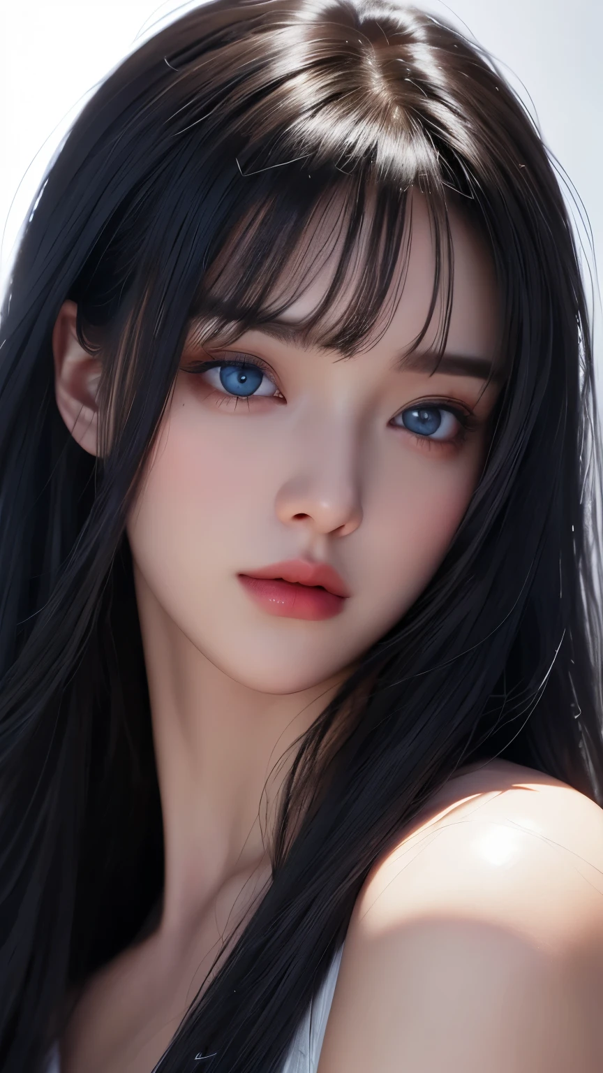 masterpiece, best quality, ultra-detailed, facing the camera head on, intricately detailed hyperdetailed, realistic, sharp features, highly detailed, sharp focus, perfect face, perfect face, perfect symmetrically perfect eyes, perfect full lips, flexible female form, cinematic, film light, hyper detailed, hyper realistic, masterpiece, atmospheric, high resolution, vibrant, dynamic studio lighting, ((Dark background)), Facial expressions when receiving pleasure, straight Bangs, Blue eyes,black sweater, cowboy shot, Big breasts,White Hair、White clothes、White background、