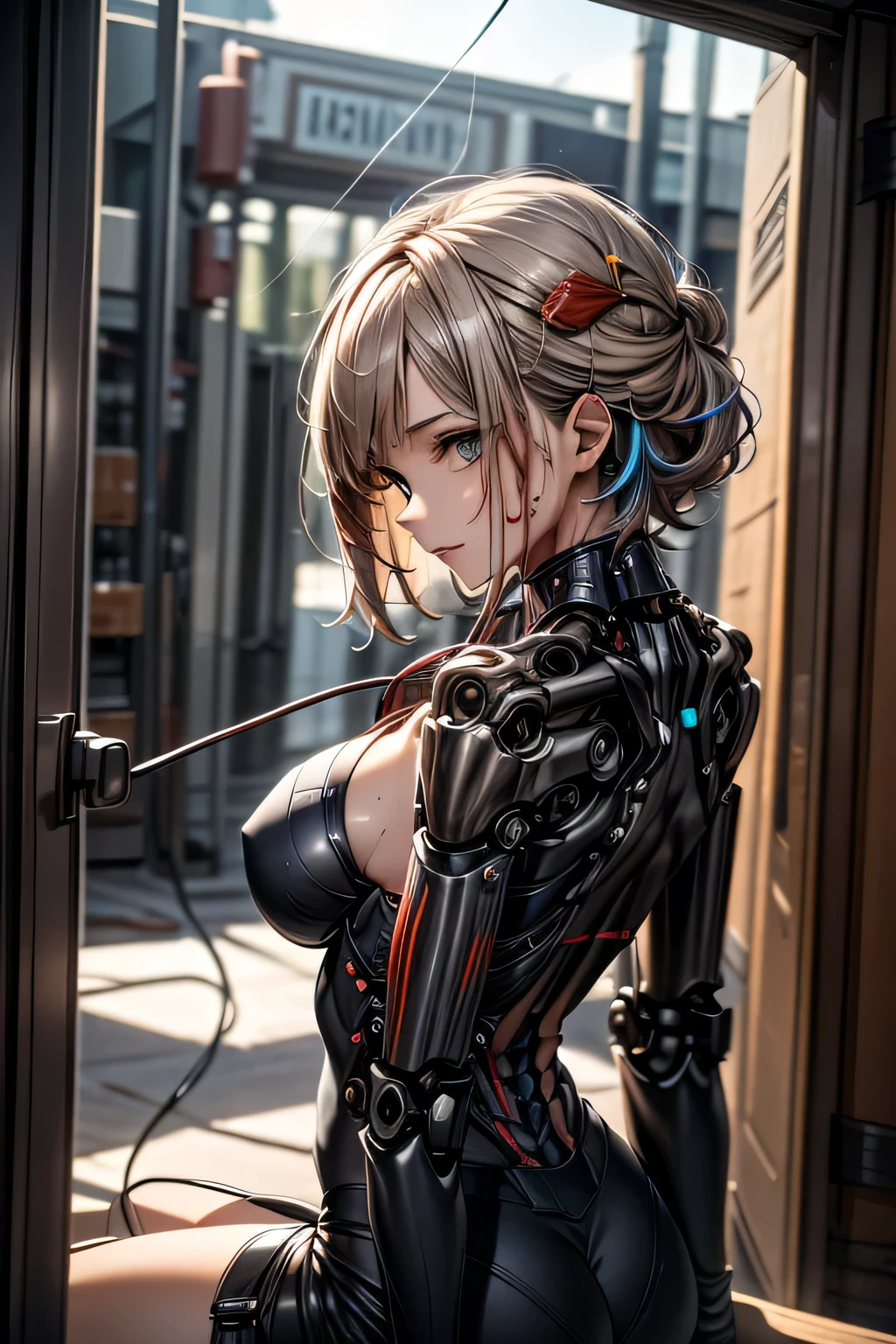 (((masterpiece))), (((Highest quality))), ((Very detailedな)), (Detailed CG illustrations), ((Very delicate and beautiful)),Cinematic Light,((One mechanical woman)), alone,mature,Big and ample breasts,Plump, whole body, (Machine made joints:1.4),((Mechanically cut muscle blood vessels connected to tubes),(Brain in a container:1.3),((Mechanical spine attached to the back)),((Mechanical cervical spine attached to the neck)),,(((The crotch is open))),((Sitting)),(Wires and cables connected to the head and torso:1.5), short hair, (Character Focus), sf, ((Very detailed,colorful)), Best details, ((background: basement))