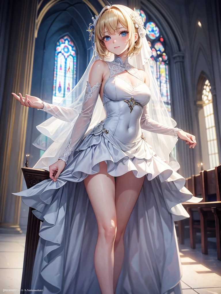 Anime style, super fine illustration, highly detailed, beautiful detailed, pale tone image, static representation, gentle expression, 8k, pretty 1girl with blonde straight short hair & blue eyes & a bright smile & full bust & soft fair skin is wearing the wedding dress in the church, brilliant particles of lights, romantic stories, solo, perfect 5fingers, perfect arms, perfect legs, masterpiece.